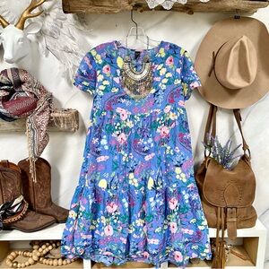 Prairie blue floral boho dress w empire waist country peasant feel